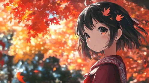 Autumn light surrounds a quiet anime girl in red uniform
