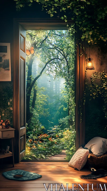 Digital painting of doorway garden vista with ambient light balance.