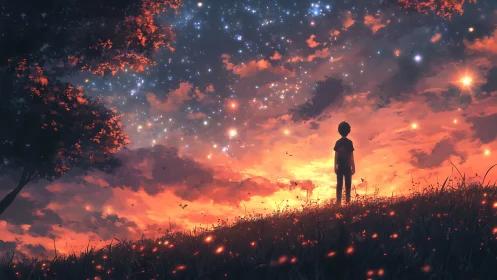 Stargazing child under a glowing, dream-filled sunset sky.