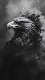 Monochrome eagle portrait amid abstract smoke fragments.