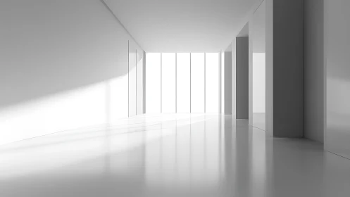 Minimalist Interior Corridor with Linear Window Elements and Volumetric Light.