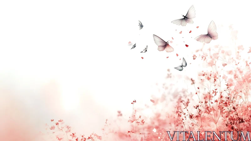 Soft white butterflies rising over pink floral meadow art