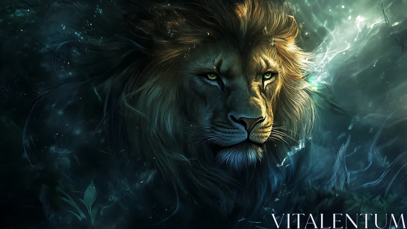 Lion head in low light with teal and green luminous effects.
