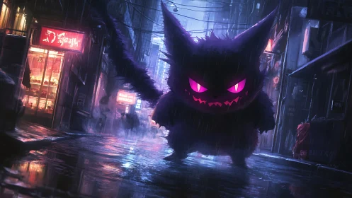 Large spectral creature in neon lit rainy alley at night.