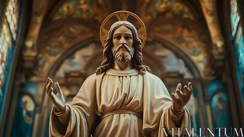 Statue of robed religious figure stands in ornate church interior
