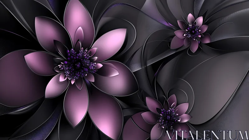 Stylized metallic purple florals intersect on dark curved planes