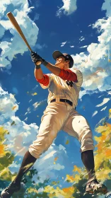 Dynamic low-angle baseball batter under expressive sky painting.
