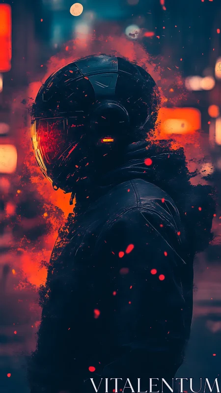 Cybernetic helmeted figure stands in glowing particulate field