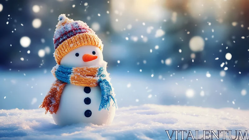Cozy snowman in a gentle snowfall of winter light.