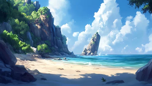 Tropical Coastal Landscape with Rock Formations and Beach