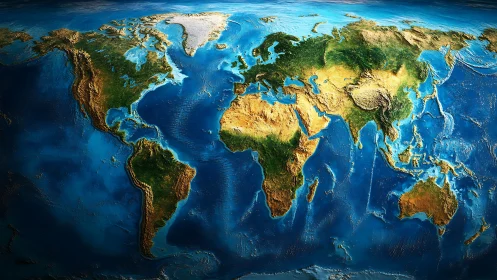 Colorful world map with glowing oceans and textured lands.