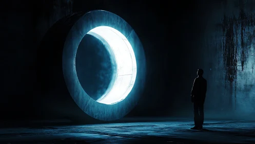 Lone figure before glowing circular portal in darkness.