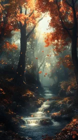 Autumn forest stream with cascading water and falling leaves