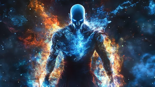 Humanoid figure is rendered with opposing fire and ice effects