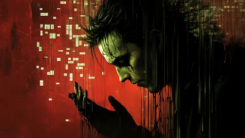 Solitary cyber figure bends under digital rain of data.