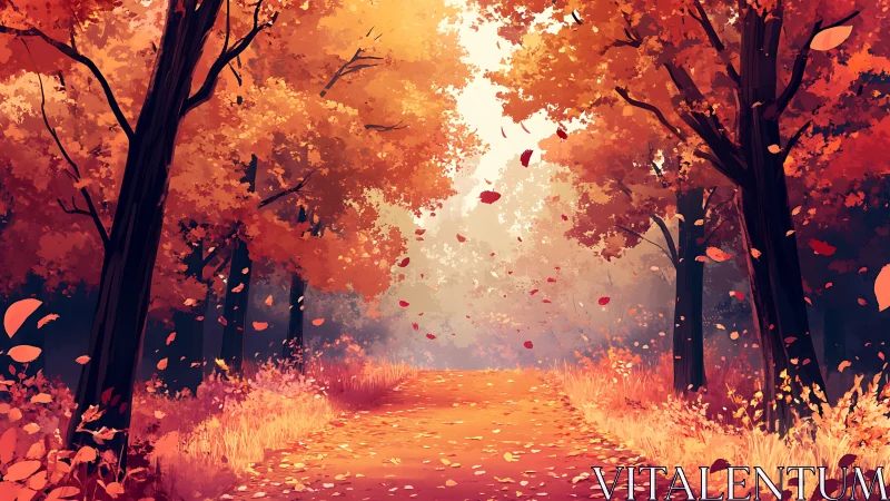Autumn Forest Pathway: Digital Landscape with Atmospheric Leaf Dispersion.