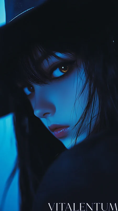 Nocturnal portrait with sapphire lighting and golden gaze.