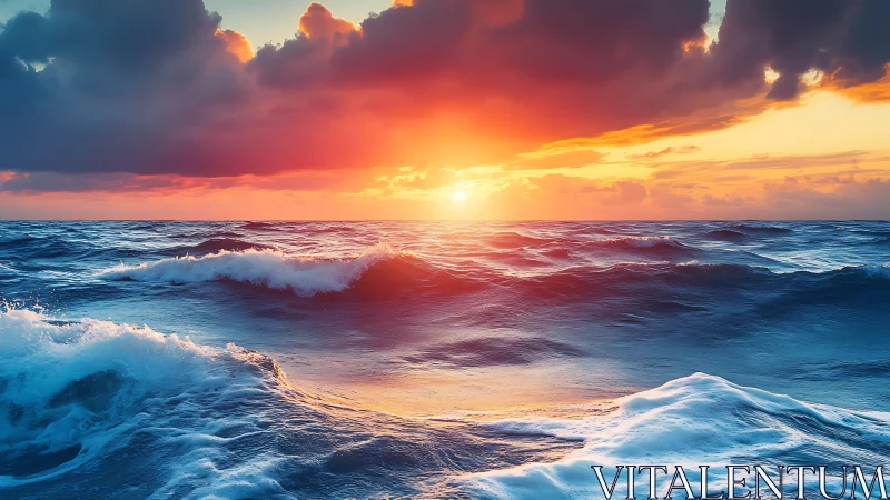 Storm-kissed ocean waves ignite beneath a blazing sunset.