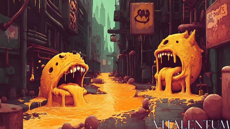 Playful slime monsters spill across a quirky neon alley.