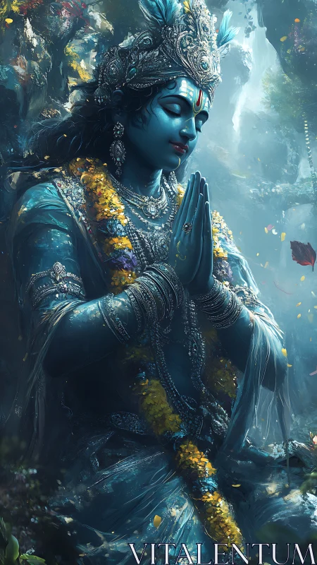 Blue-hued divine figure in ornate prayerful pose, digital painting