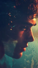 Underwater male portrait in warm teal cinematic light.