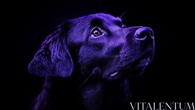 Neon purple dog portrait glows against deep black background.