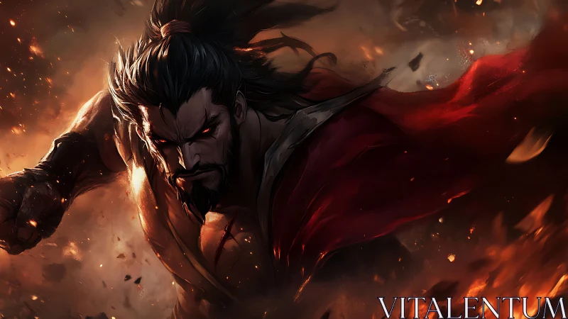 Inferno-eyed warlord storms through burning twilight sky.