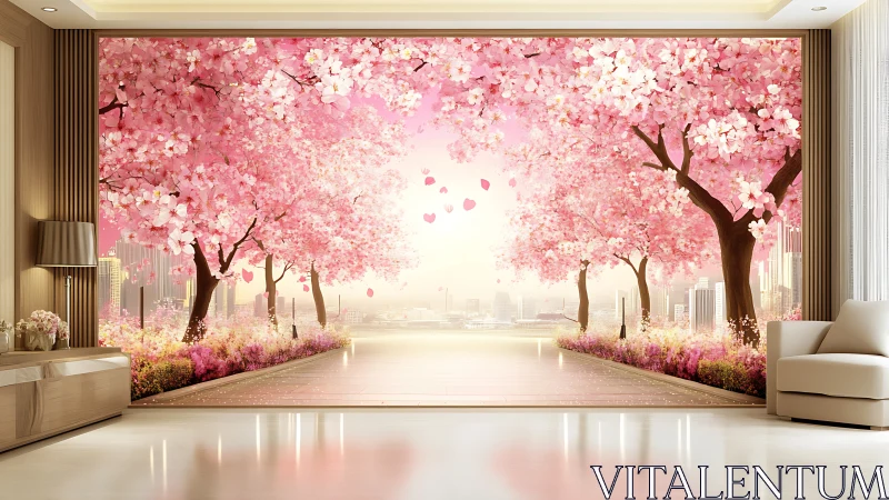 Sakura wall mural uniting interior minimalism and cityscape bloom.