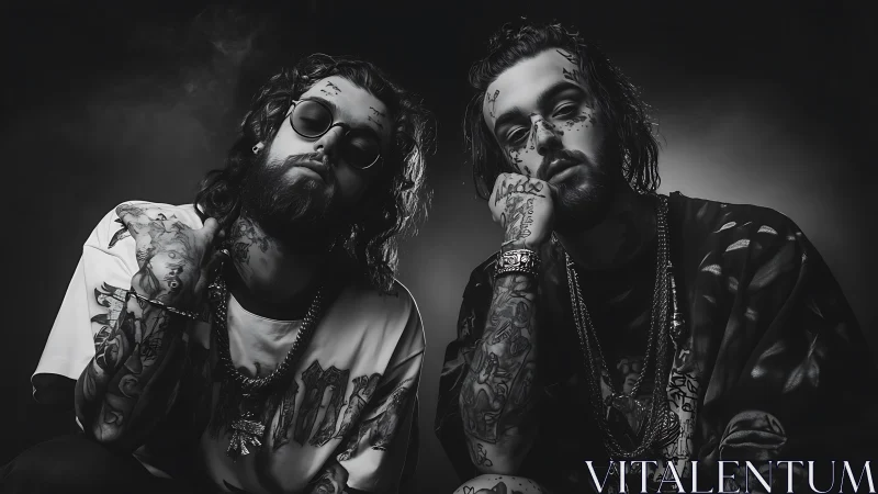 Tattooed duo pose under moody studio light in monochrome