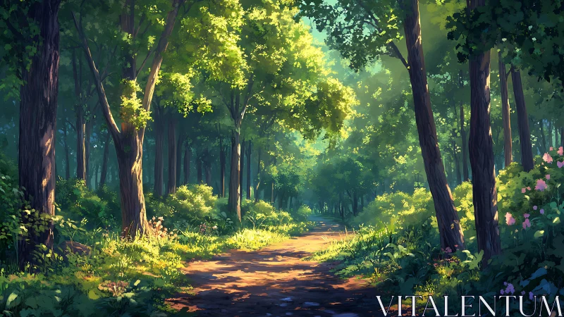 Sunlit Forest Path Through Towering Ancient Trees