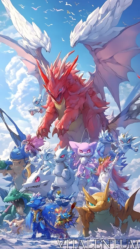 Epic dragon-led monster legion under radiant sky convergence.