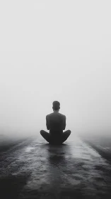 Backlit seated figure in fog-dense vanishing roadway field.