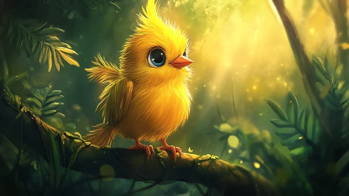Cute Yellow Cartoon Bird on Branch in Magical Forest Lighting.
