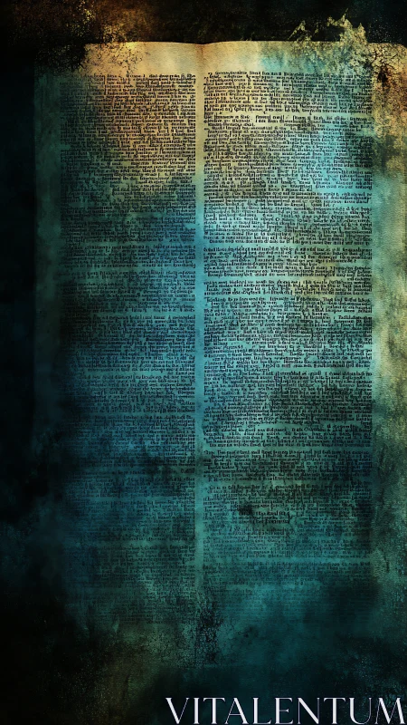 Aged bilingual text page with grunge overlay and cyan tonal vignettes