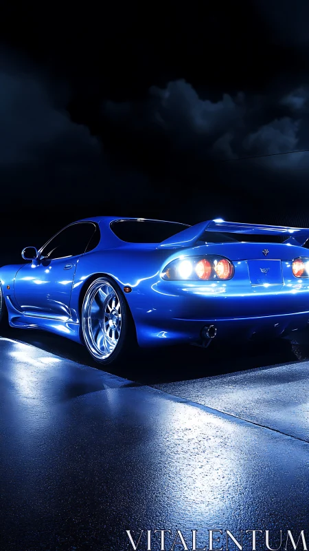 Electric blue sports coupe rendered in cinematic night lighting