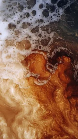 Foam-turbulent coffee surface with stratified fluid dynamics.