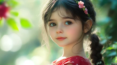 Young Girl with Floral Headpiece in Garden Setting