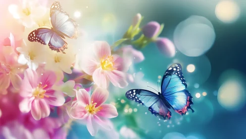 Blue butterflies glide above luminous spring blossoms