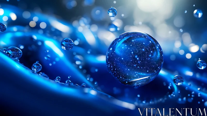 Celestial sphere floats above luminous electric blue waves.