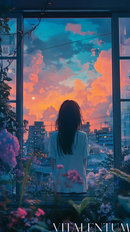 Backlit urban balcony figure under chromatic sunset sky.