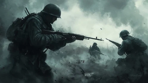 Soldiers advance through smoky battlefield under fire.