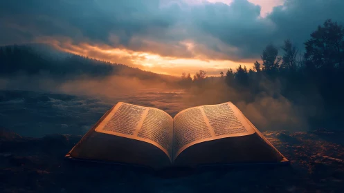 Ancient open book glows beside misty river at sunrise.