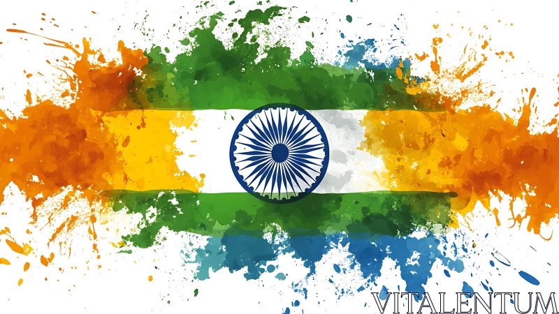 India’s tricolor flag explodes in bold watercolor splashes.