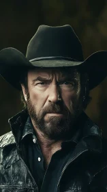 Weathered cowboy gaze in rugged leather and deep shadow.