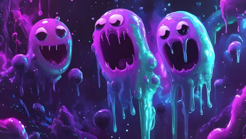 Three neon slime ghosts float and drip in dark space
