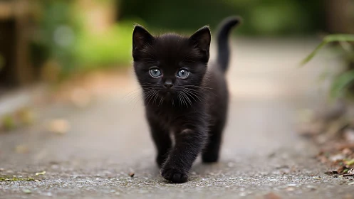 Black kitten walking on paved surface with unfocused background