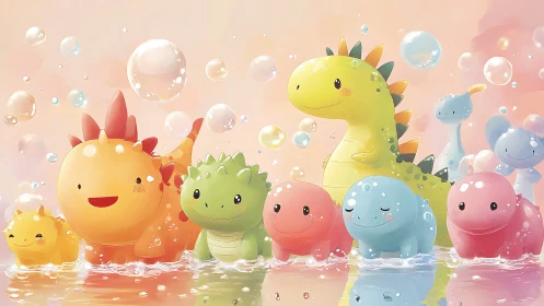 Cartoon dinosaur toys stand in shallow water under bubbles