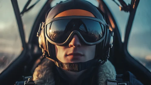 Focused pilot in cockpit wearing helmet and visor goggles.