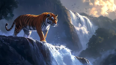 Majestic tiger wandering along roaring jungle waterfalls.