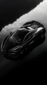 Sleek black supercar gliding through glossy night reflections.